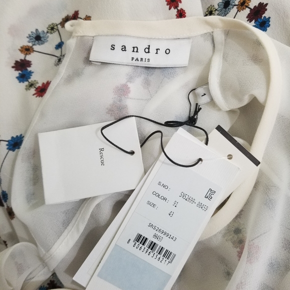 Sandro Floral Peace Sign Mini Dress Silk Sheer Mesh Illusion Neckline NEW - Picture 9 of 9